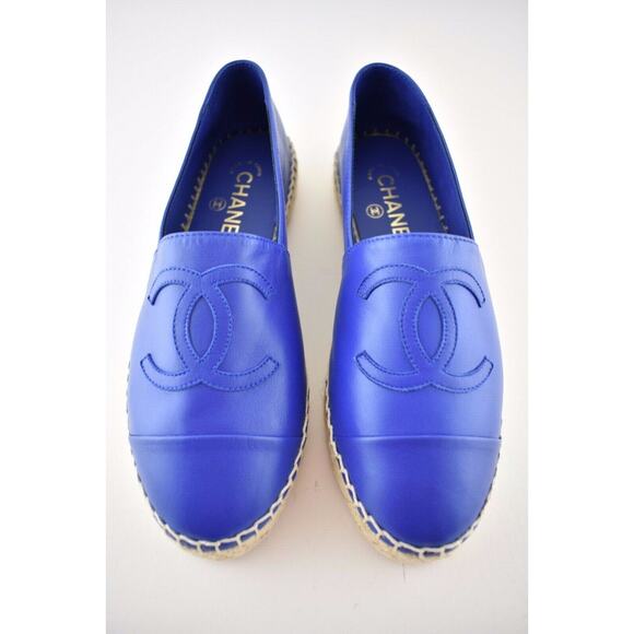 Chanel 19C Blue Lambskin Leather CC Logo Double Sole Espadrille Ballet Flat 35 - Picture 1 of 12